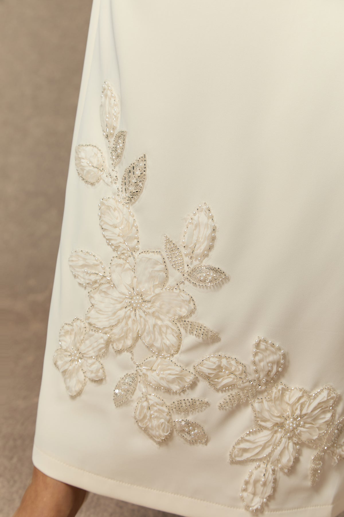 Cream Beaded Floral Embellished Peplum Top & Midi Pencil Skirt Two-Piece Suit