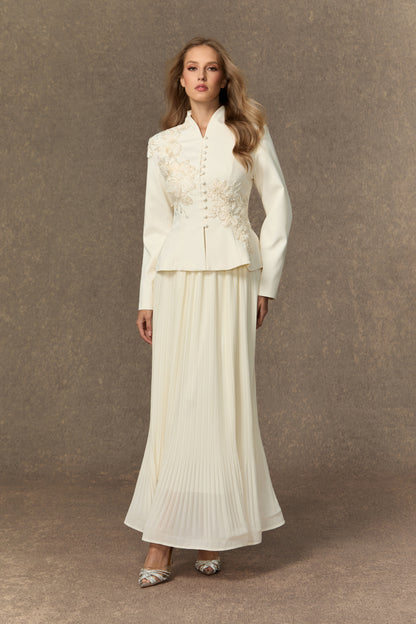 3D Beaded Floral Stand Collar Peplum Jacket & Pleated Chiffon Maxi Skirt Two-Piece Set