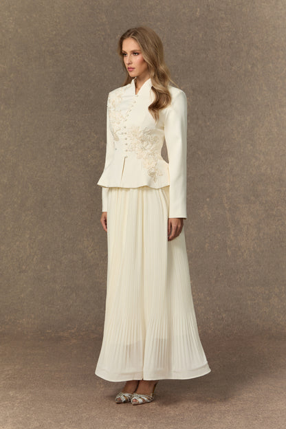 3D Beaded Floral Stand Collar Peplum Jacket & Pleated Chiffon Maxi Skirt Two-Piece Set