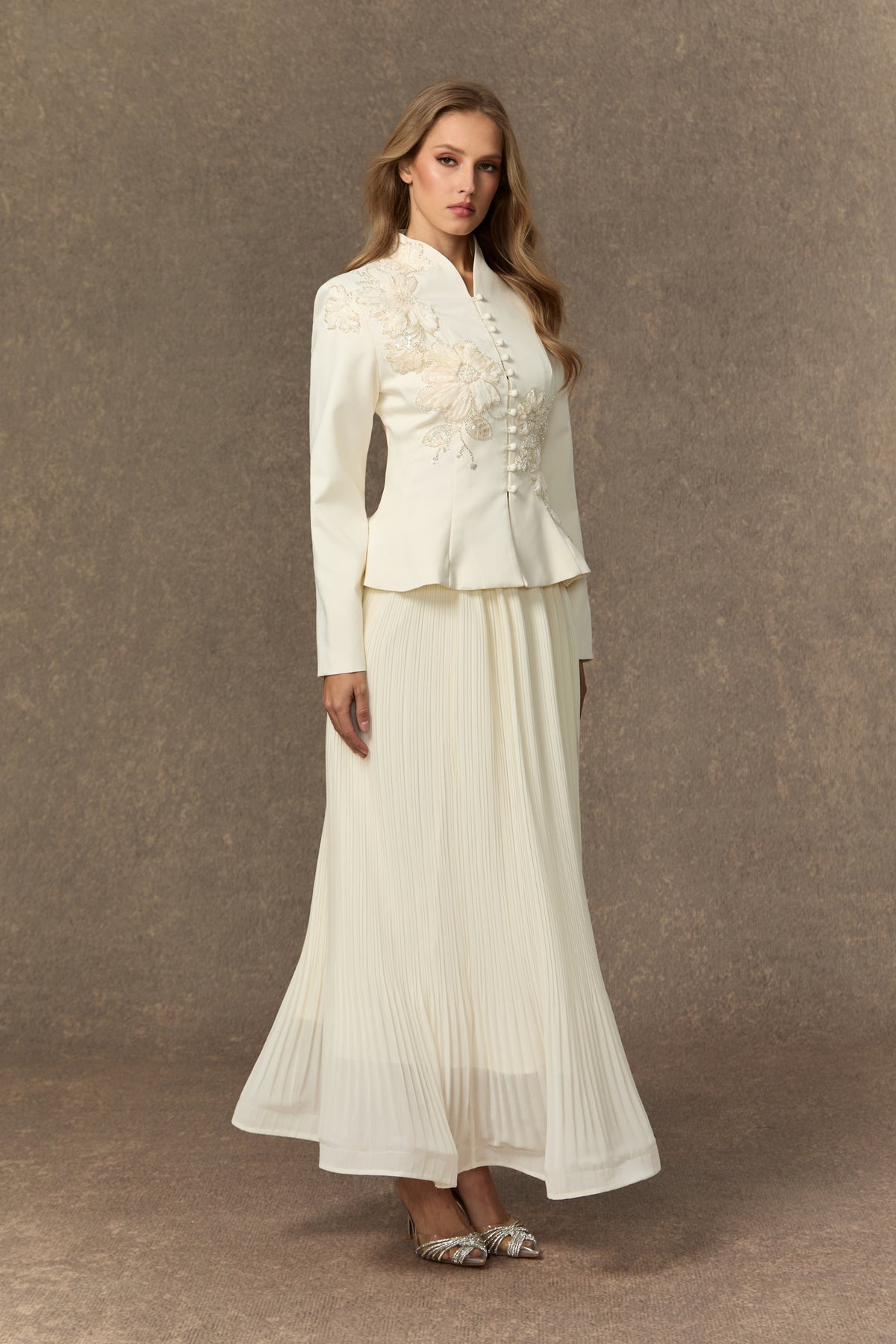 3D Beaded Floral Stand Collar Peplum Jacket & Pleated Chiffon Maxi Skirt Two-Piece Set
