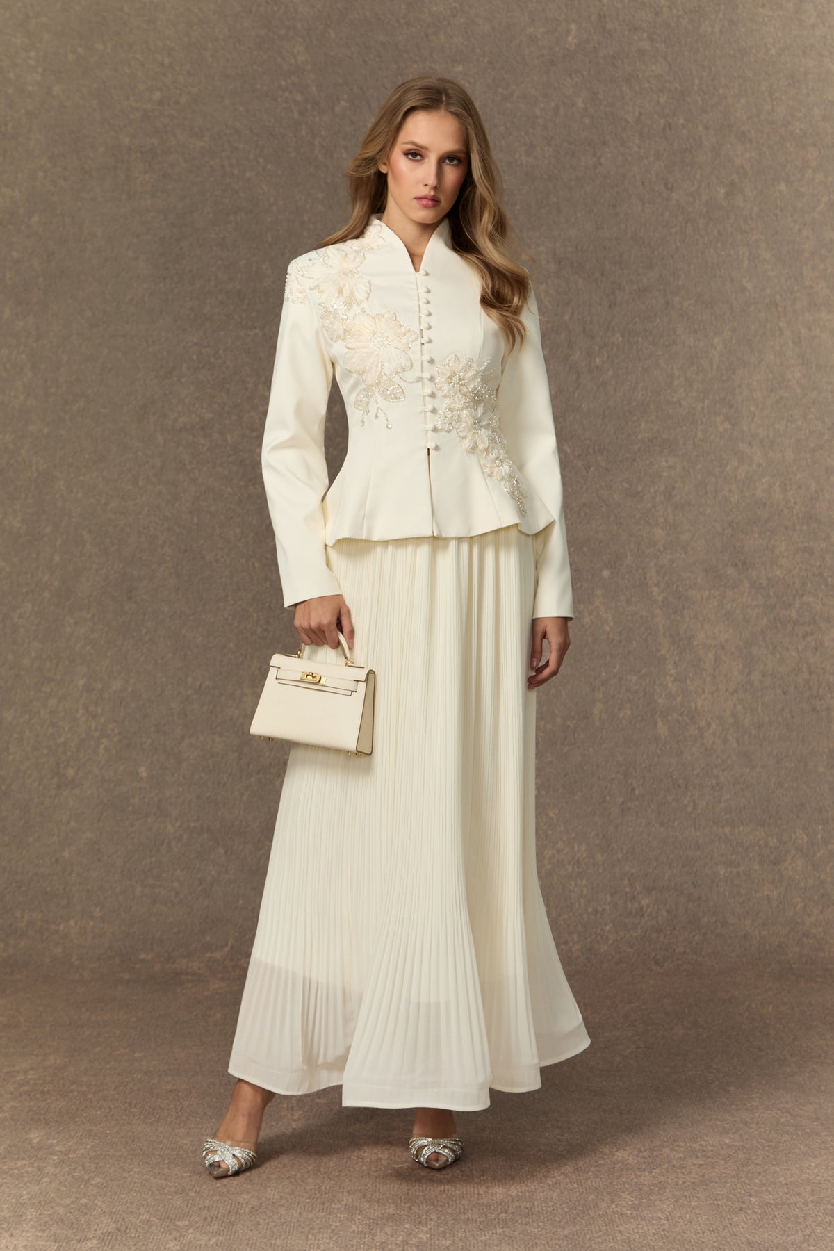 3D Beaded Floral Stand Collar Peplum Jacket & Pleated Chiffon Maxi Skirt Two-Piece Set