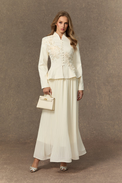 3D Beaded Floral Stand Collar Peplum Jacket & Pleated Chiffon Maxi Skirt Two-Piece Set