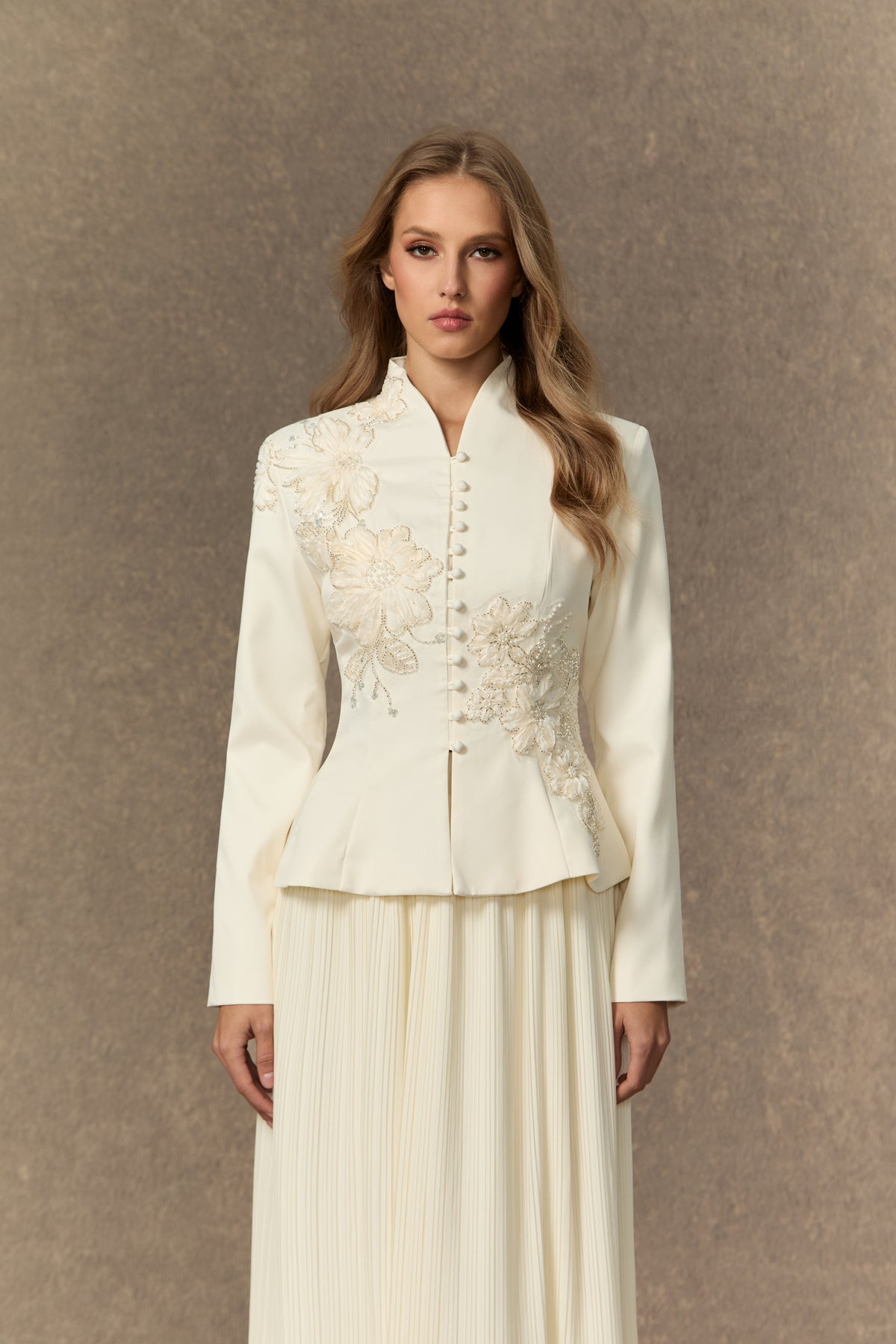 3D Beaded Floral Stand Collar Peplum Jacket & Pleated Chiffon Maxi Skirt Two-Piece Set