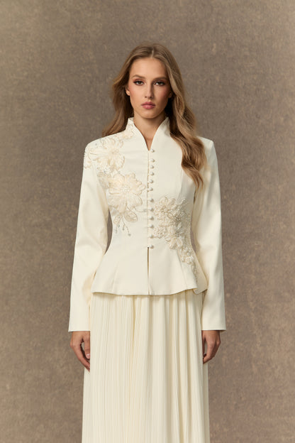 3D Beaded Floral Stand Collar Peplum Jacket & Pleated Chiffon Maxi Skirt Two-Piece Set