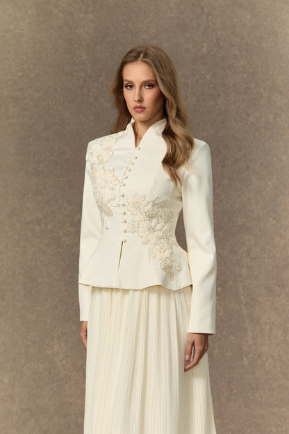 3D Beaded Floral Stand Collar Peplum Jacket & Pleated Chiffon Maxi Skirt Two-Piece Set
