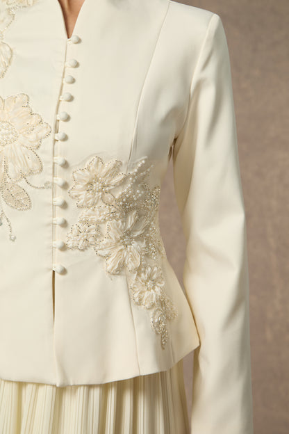3D Beaded Floral Stand Collar Peplum Jacket & Pleated Chiffon Maxi Skirt Two-Piece Set