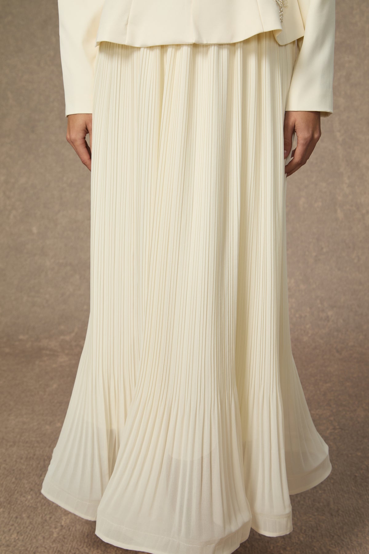 3D Beaded Floral Stand Collar Peplum Jacket & Pleated Chiffon Maxi Skirt Two-Piece Set