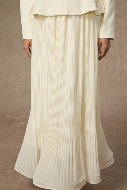 3D Beaded Floral Stand Collar Peplum Jacket & Pleated Chiffon Maxi Skirt Two-Piece Set