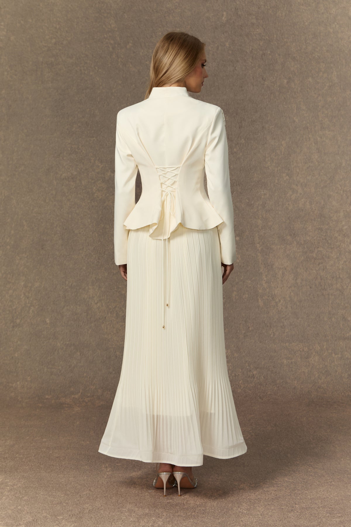 3D Beaded Floral Stand Collar Peplum Jacket & Pleated Chiffon Maxi Skirt Two-Piece Set