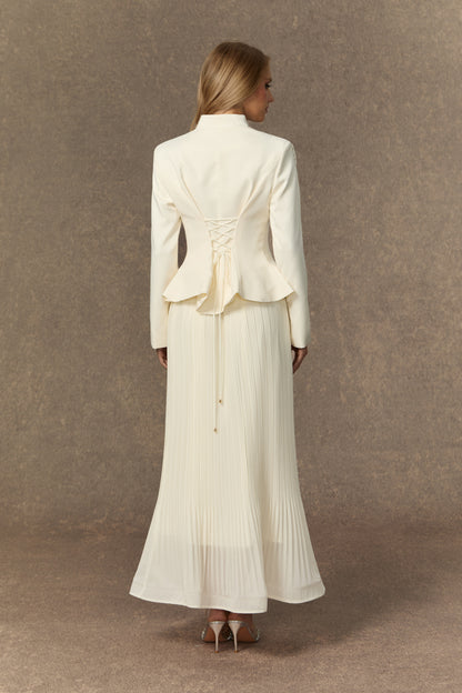 3D Beaded Floral Stand Collar Peplum Jacket & Pleated Chiffon Maxi Skirt Two-Piece Set