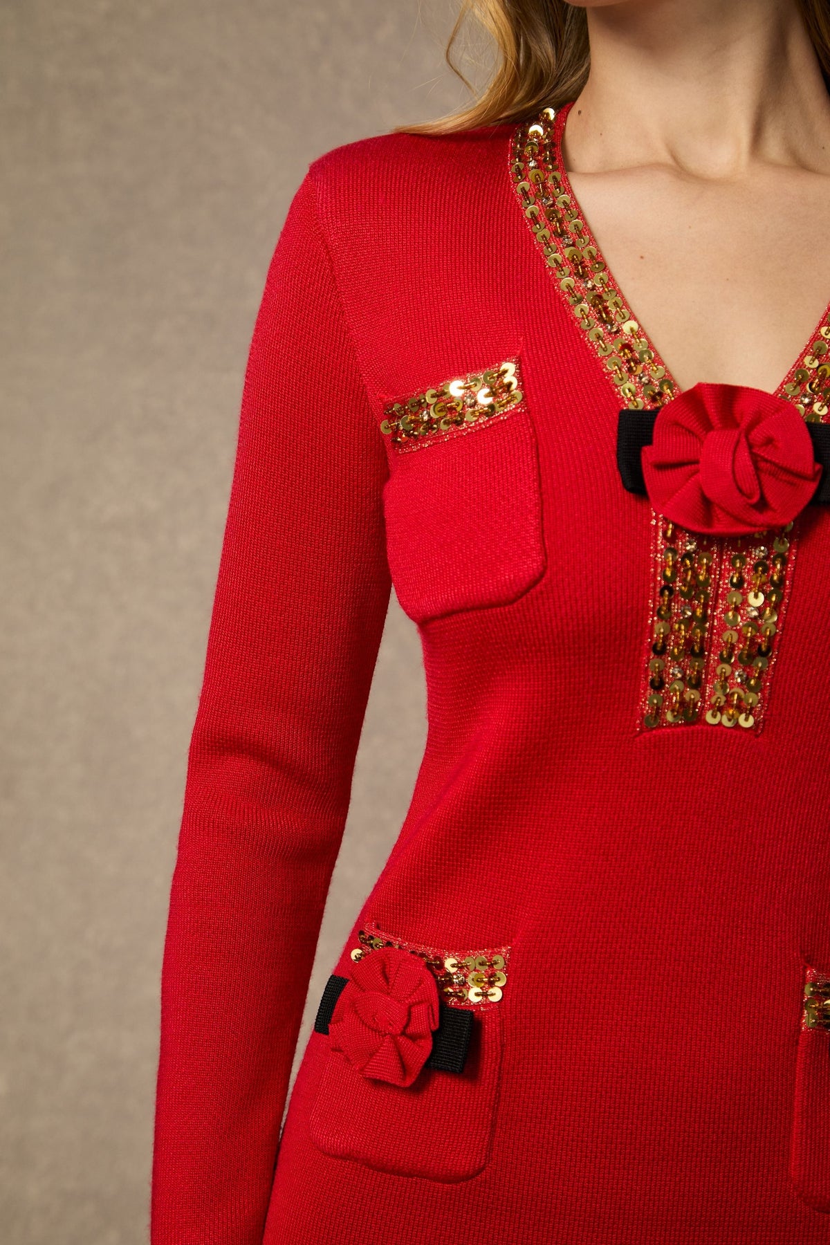 ella v-neck Red Sequin Trim Knit Mini Dress
