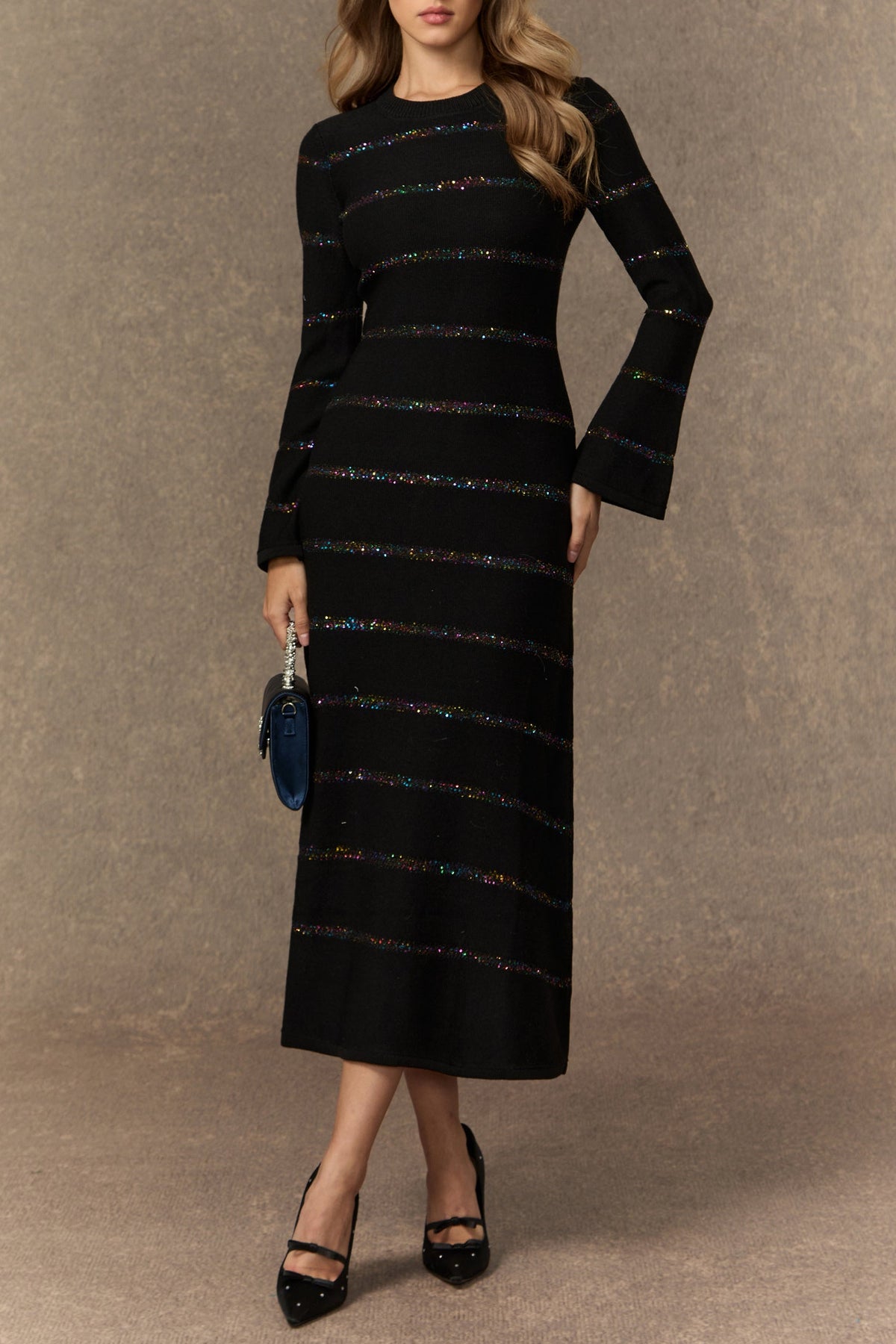 gloria Black Sequin Embellished Knit Midi Dress
