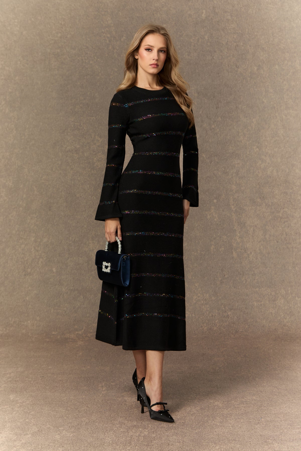 gloria Black Sequin Embellished Knit Midi Dress