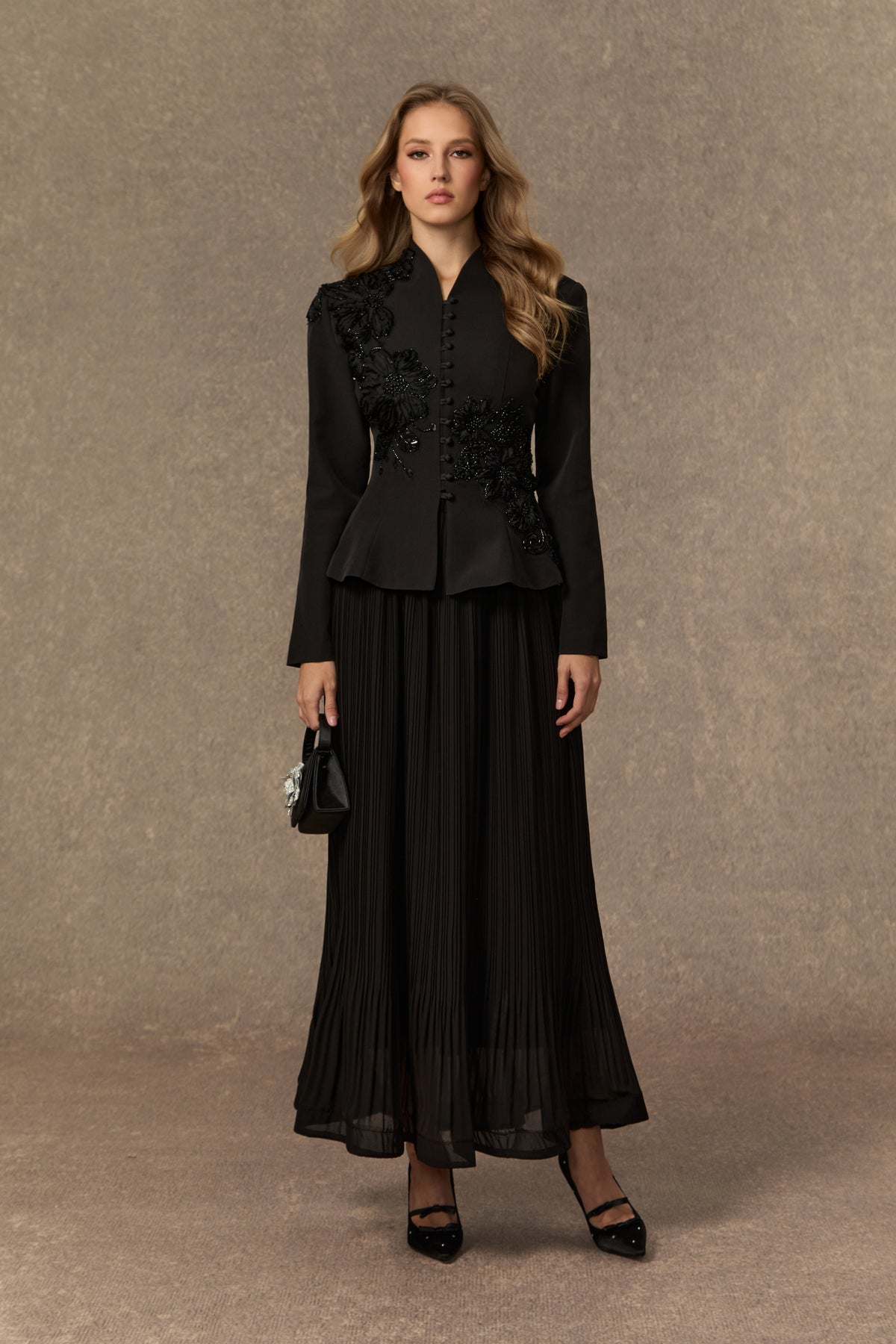 3D Beaded Floral Stand Collar Peplum Jacket & Pleated Chiffon Maxi Skirt Two-Piece Set
