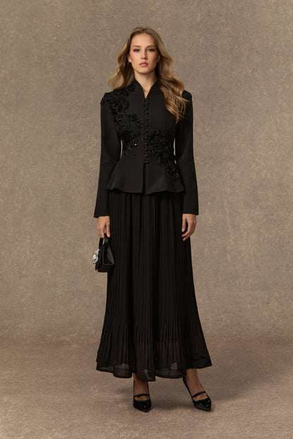 3D Beaded Floral Stand Collar Peplum Jacket & Pleated Chiffon Maxi Skirt Two-Piece Set