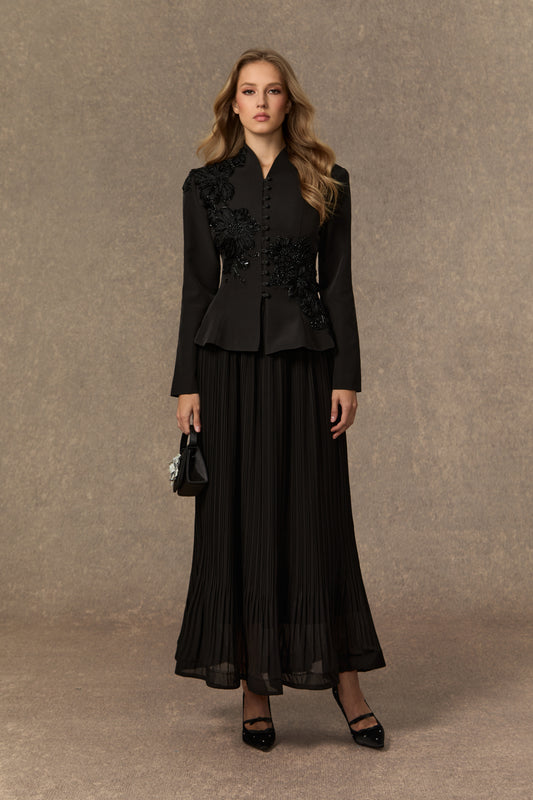 3D Beaded Floral Stand Collar Peplum Jacket & Pleated Chiffon Maxi Skirt Two-Piece Set