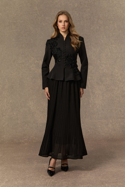 3D Beaded Floral Stand Collar Peplum Jacket & Pleated Chiffon Maxi Skirt Two-Piece Set