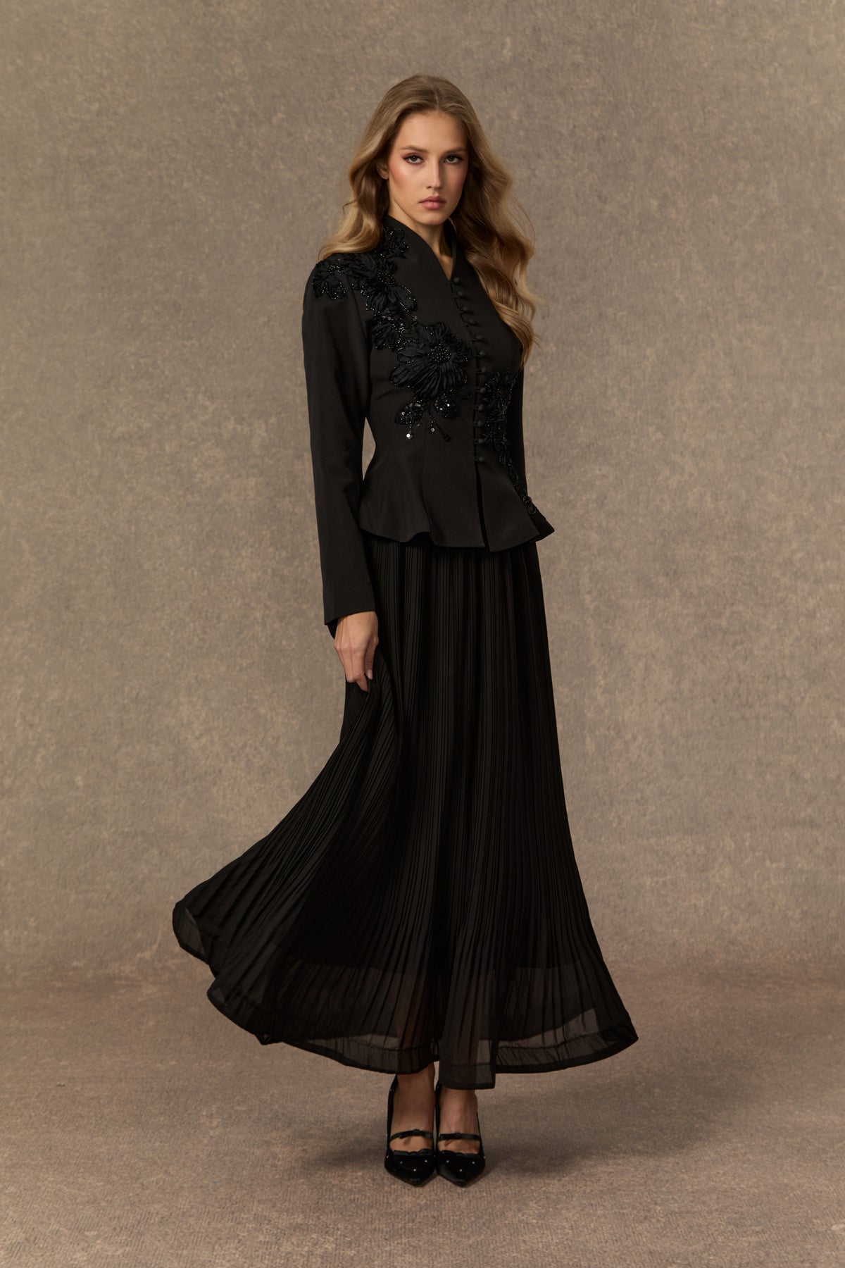 3D Beaded Floral Stand Collar Peplum Jacket & Pleated Chiffon Maxi Skirt Two-Piece Set