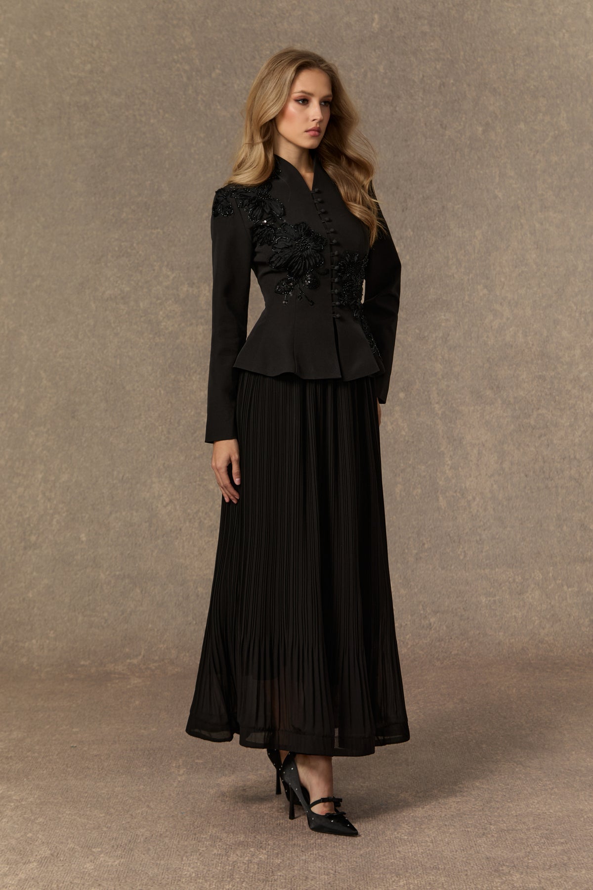 3D Beaded Floral Stand Collar Peplum Jacket & Pleated Chiffon Maxi Skirt Two-Piece Set