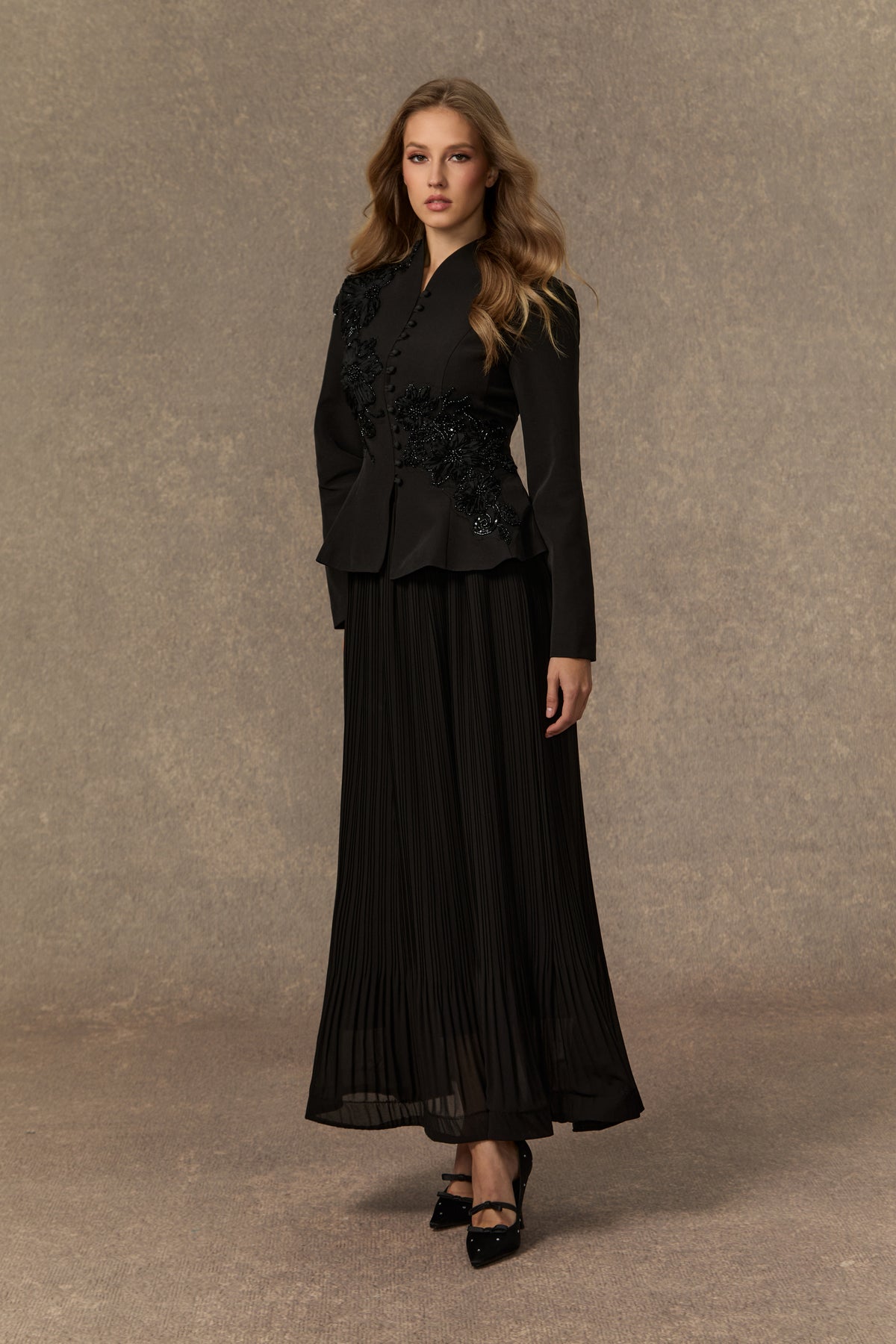 3D Beaded Floral Stand Collar Peplum Jacket & Pleated Chiffon Maxi Skirt Two-Piece Set