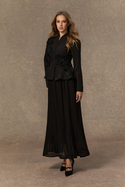 3D Beaded Floral Stand Collar Peplum Jacket & Pleated Chiffon Maxi Skirt Two-Piece Set