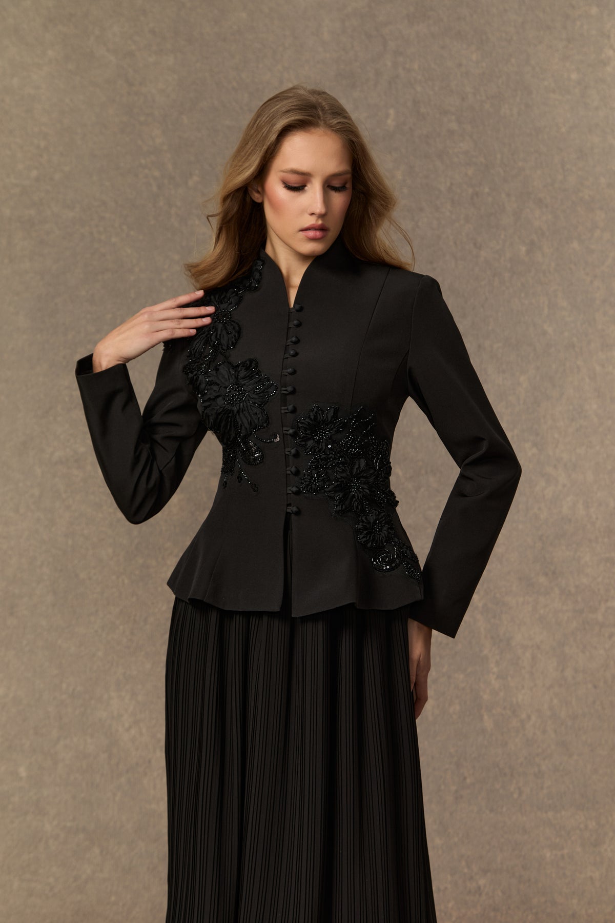3D Beaded Floral Stand Collar Peplum Jacket & Pleated Chiffon Maxi Skirt Two-Piece Set