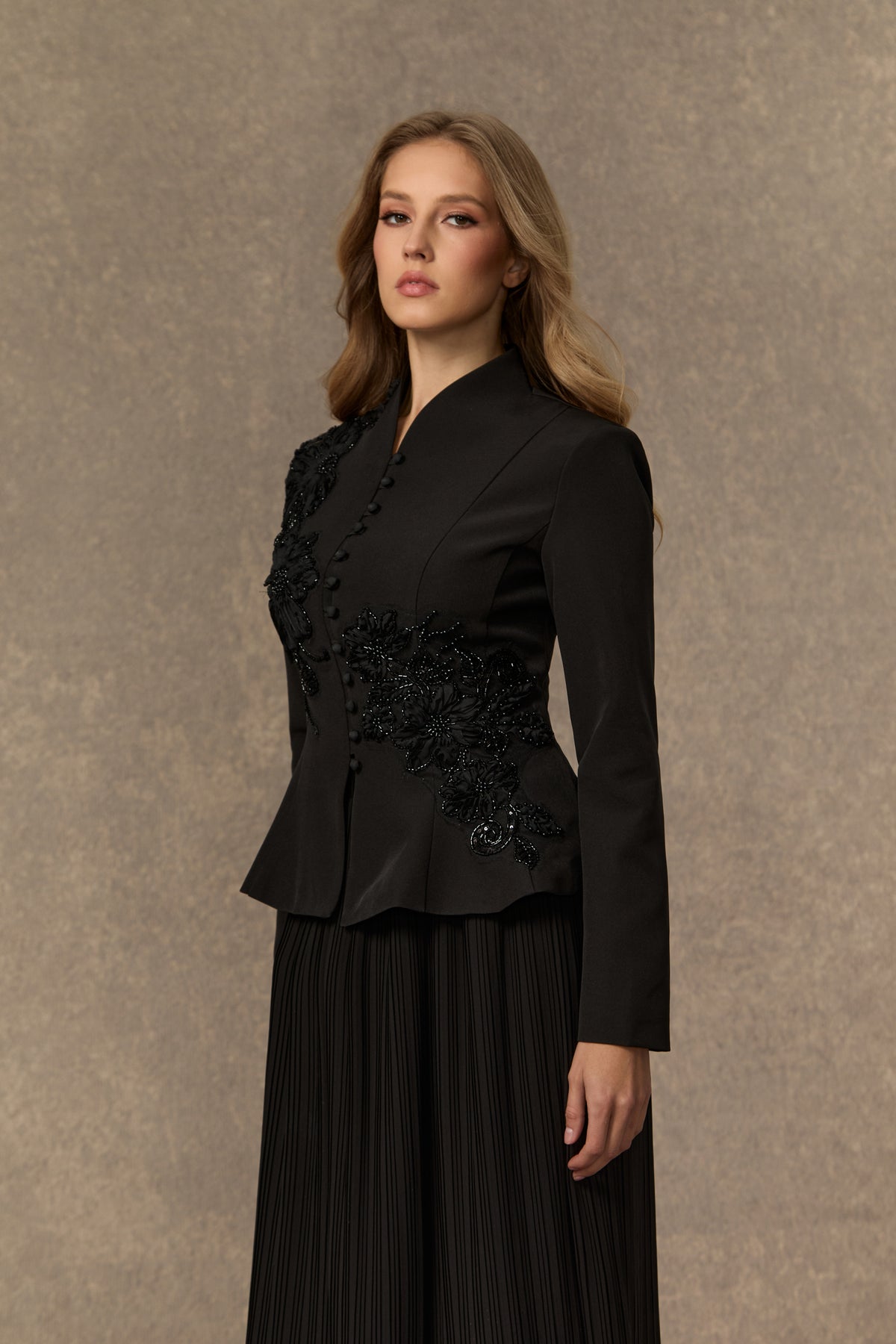 3D Beaded Floral Stand Collar Peplum Jacket & Pleated Chiffon Maxi Skirt Two-Piece Set