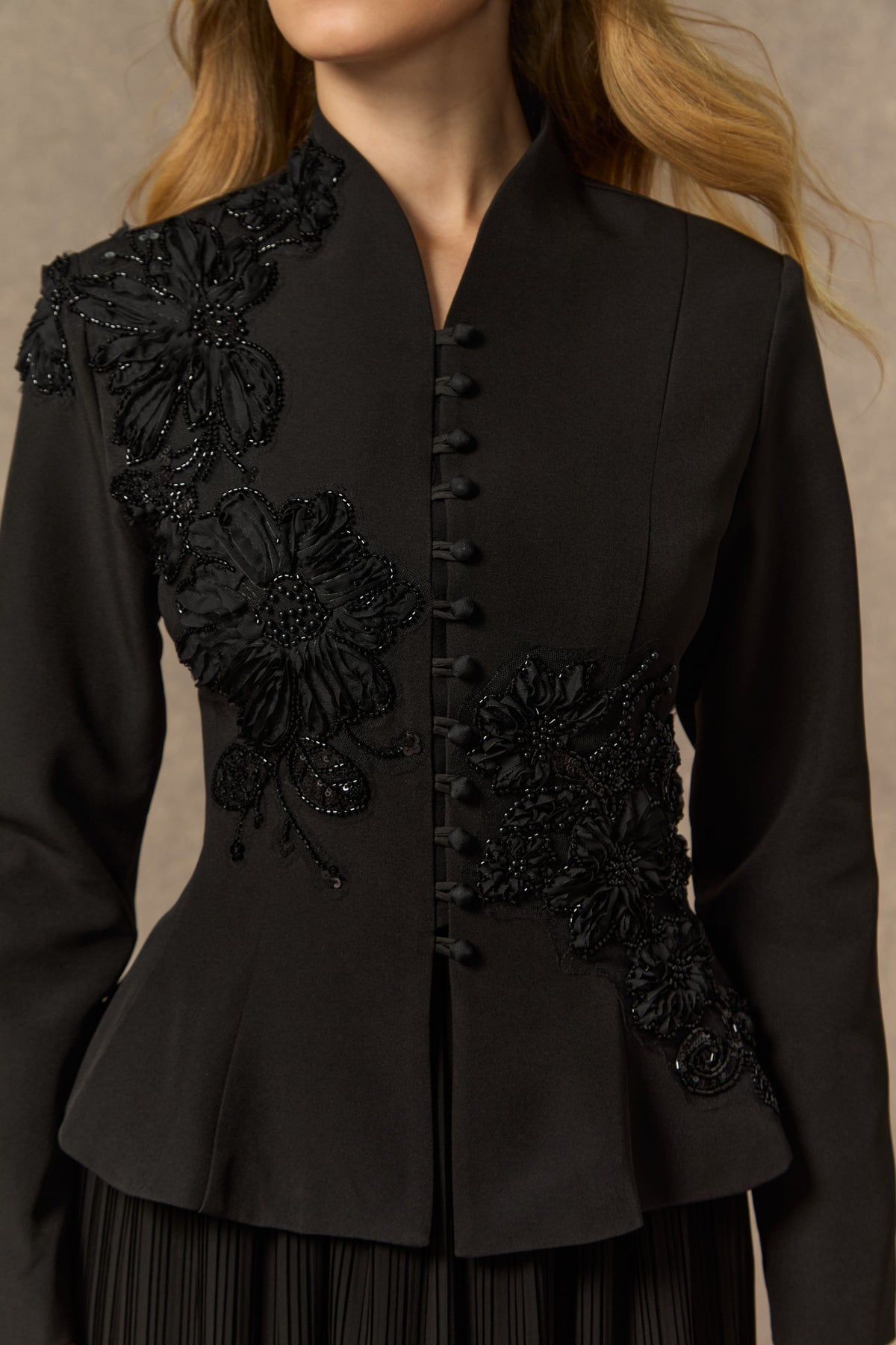 3D Beaded Floral Stand Collar Peplum Jacket & Pleated Chiffon Maxi Skirt Two-Piece Set
