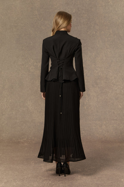 3D Beaded Floral Stand Collar Peplum Jacket & Pleated Chiffon Maxi Skirt Two-Piece Set