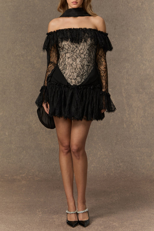 delia Black Off Shoulder Lace Corset Mini Dress