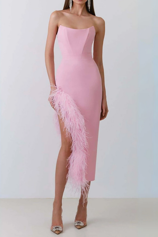 FEATHER TRIM SPLIT MIDI DRESS IN BUBBLEGUM