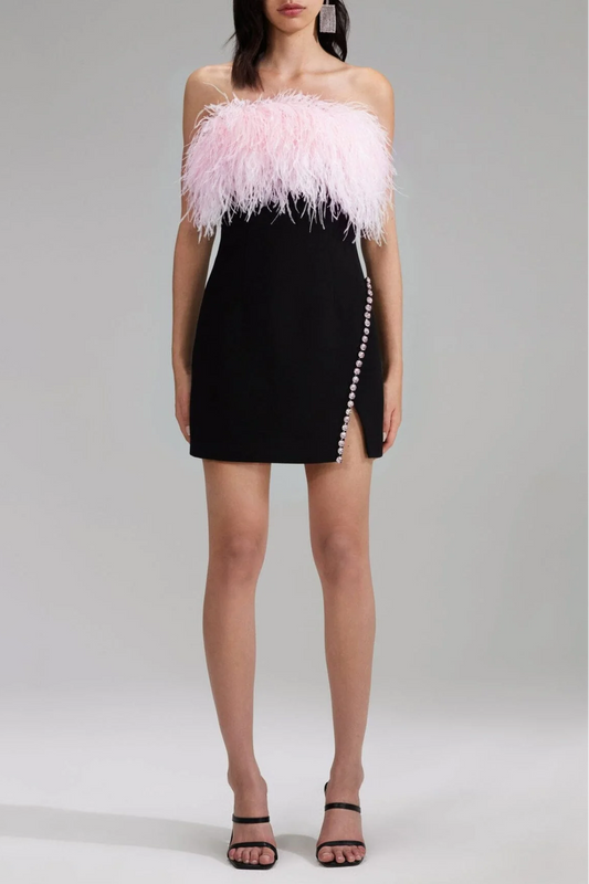 BANDAGE FEATHER CRYSTAL MINI DRESS IN BLACK