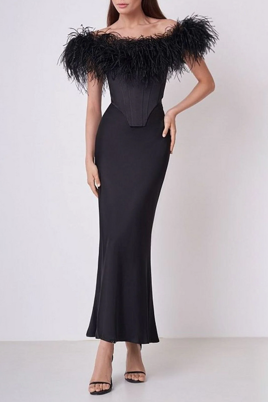FEATHER OFF SHOULDER MERMAID MAXI DRESS BLACK