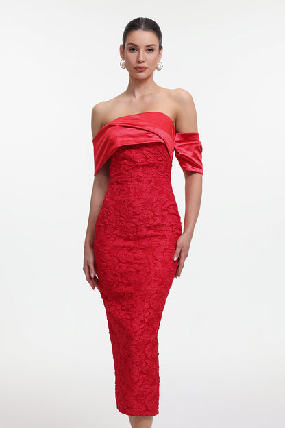 polly Contour Off-Shoulder Jacquard Floral Maxi Dress - red