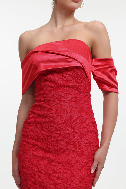 polly Contour Off-Shoulder Jacquard Floral Maxi Dress - red