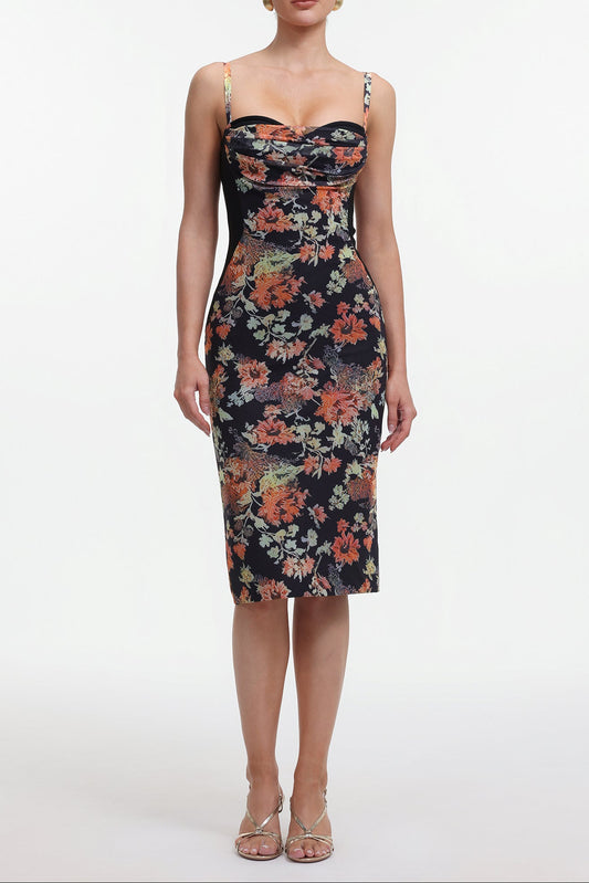 olga Contour Sleeveless Floral Print Bandage Midi Dress