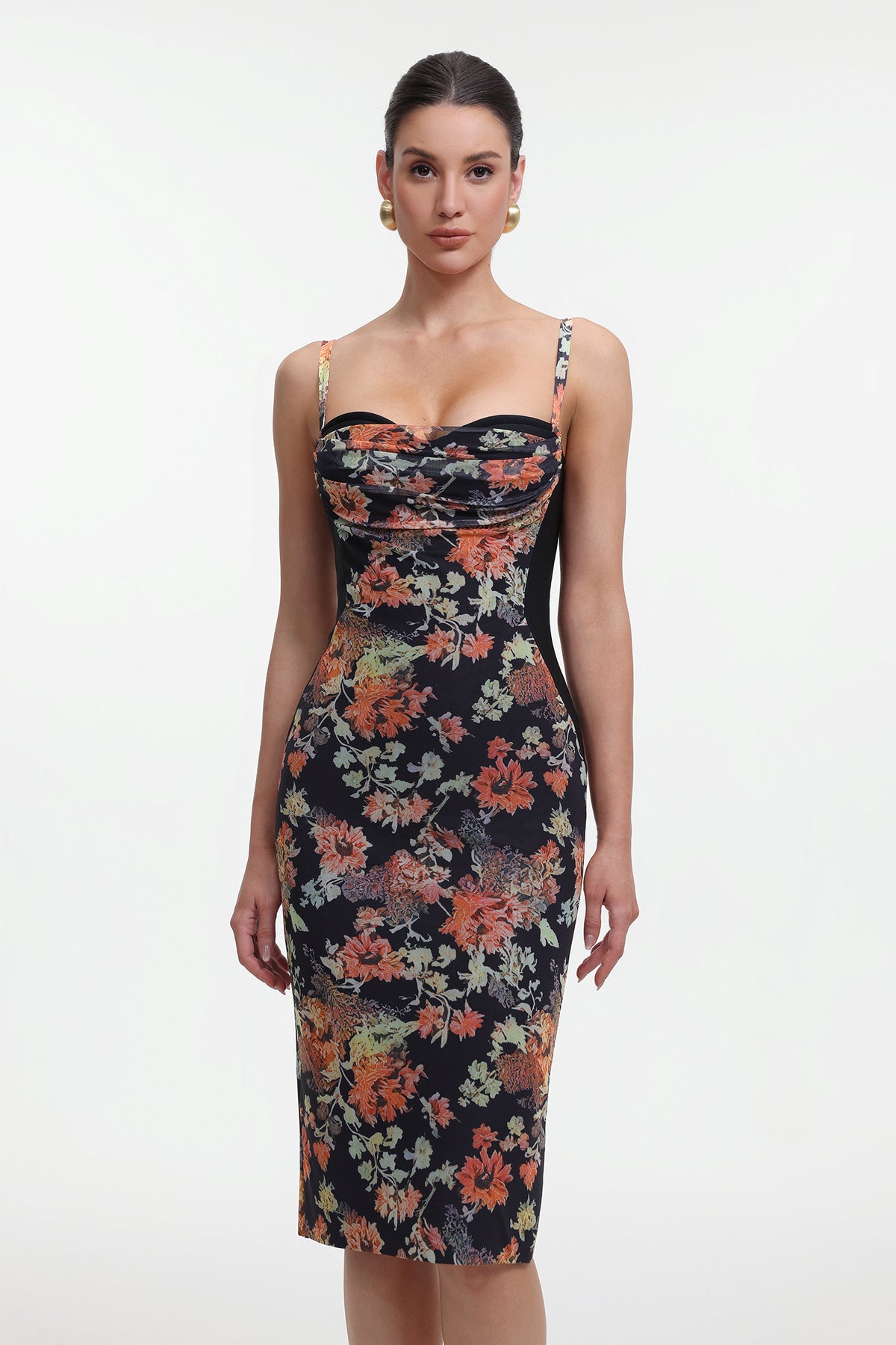 olga Contour Sleeveless Floral Print Bandage Midi Dress