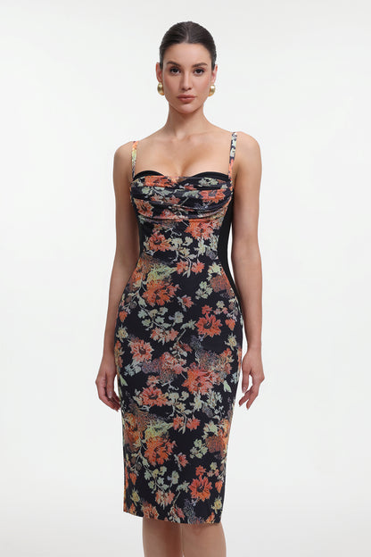 olga Contour Sleeveless Floral Print Bandage Midi Dress