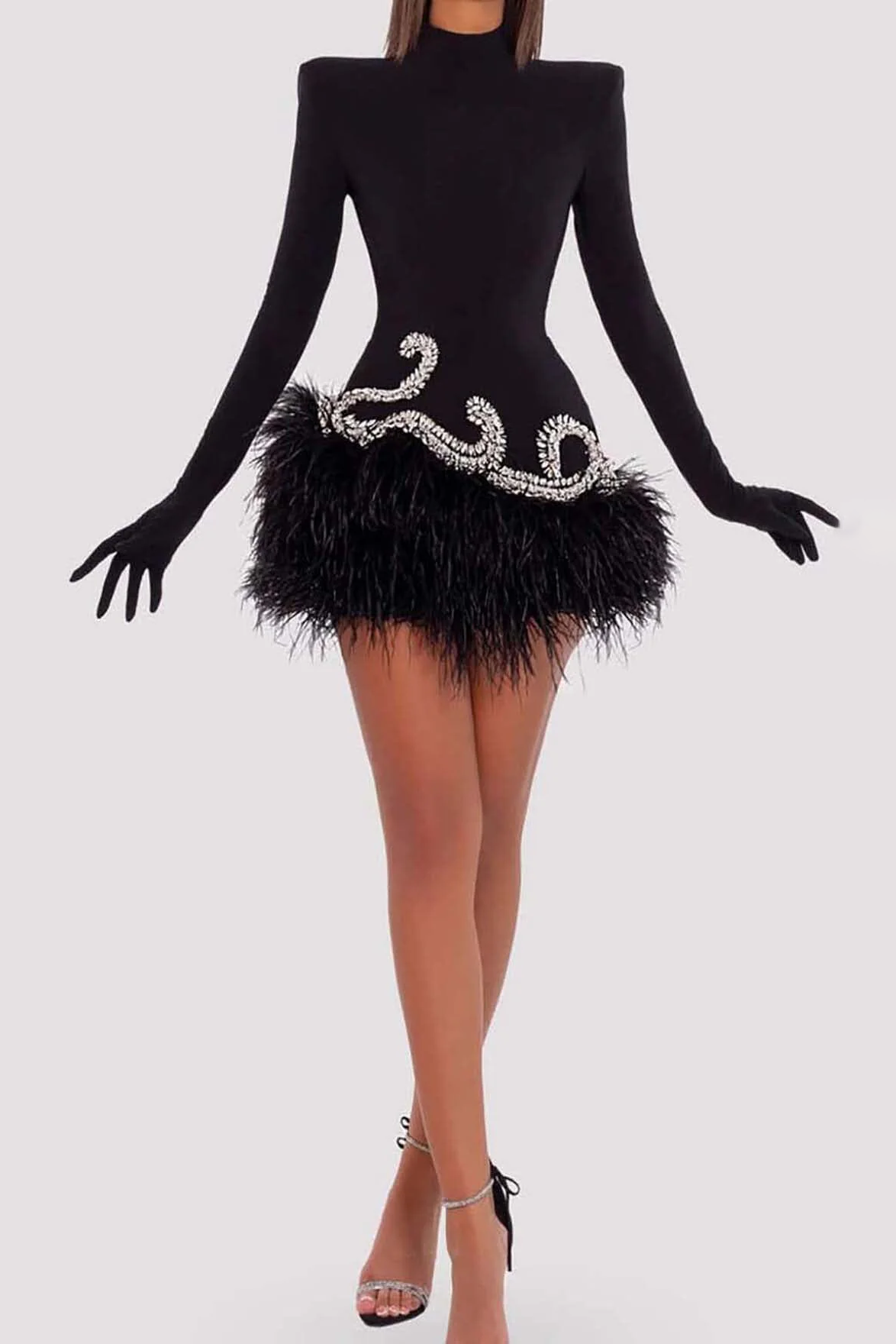BLACK VELVET FEATHER GLOVES MINI DRESS