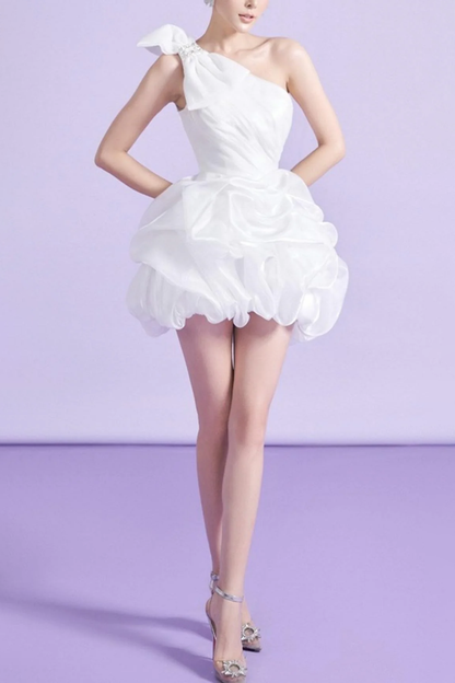 WHITE ONE SHOULDER BOWKNOT MINI DRESS