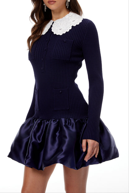 lorraine Navy Blue Satin Panel Knit Mini Dress