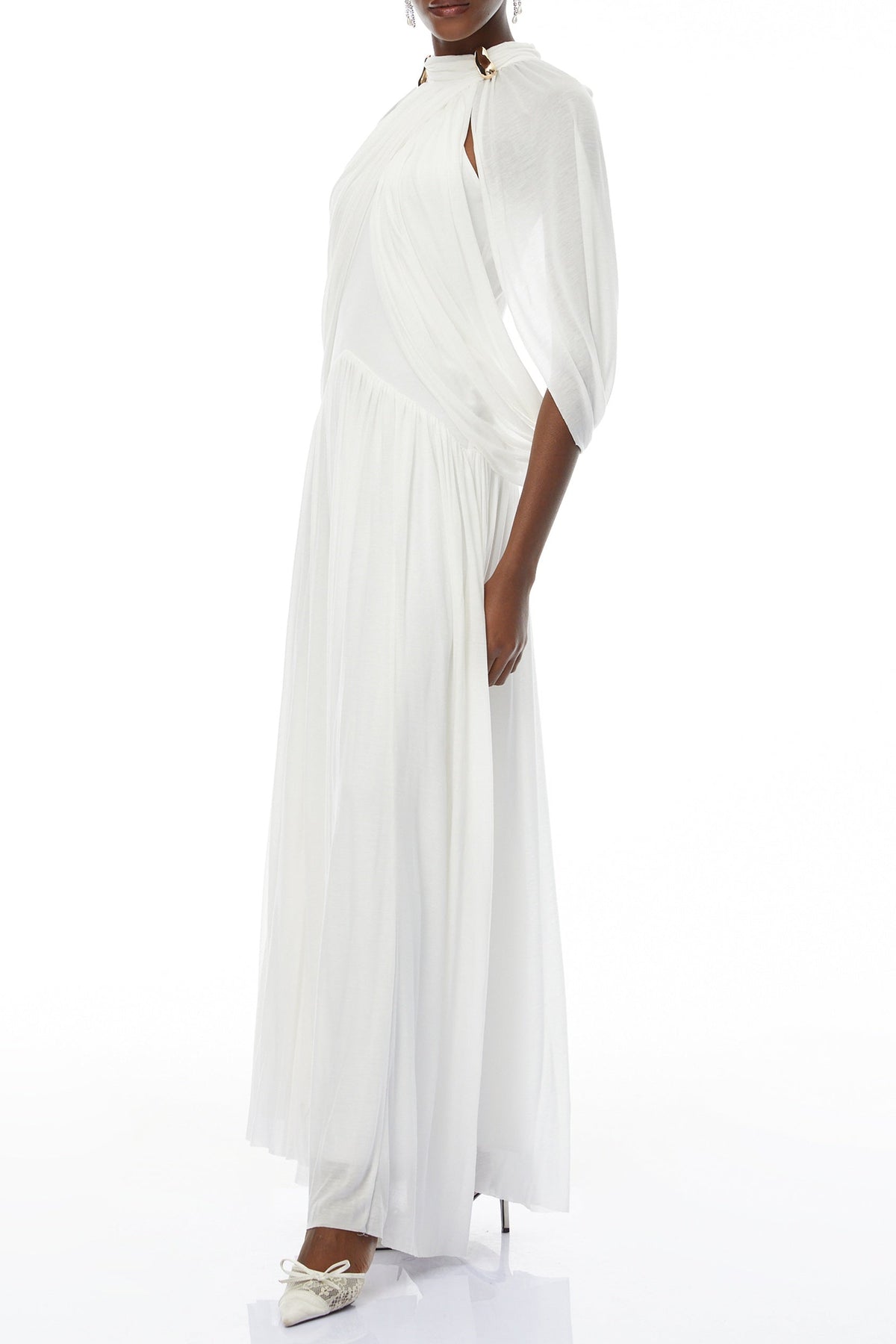 leona white Draped Cape Sleeve Knit Maxi Dress