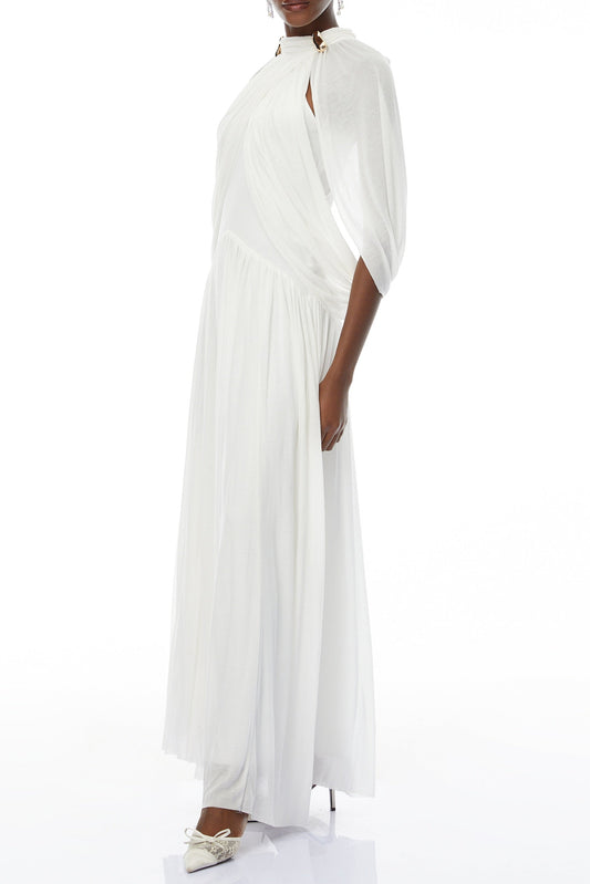 leona white Draped Cape Sleeve Knit Maxi Dress