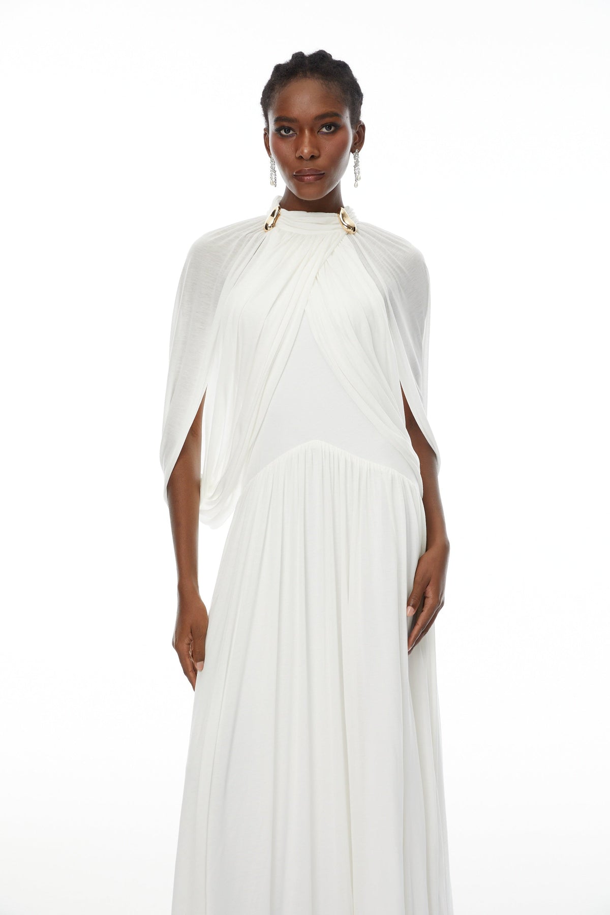 leona white Draped Cape Sleeve Knit Maxi Dress