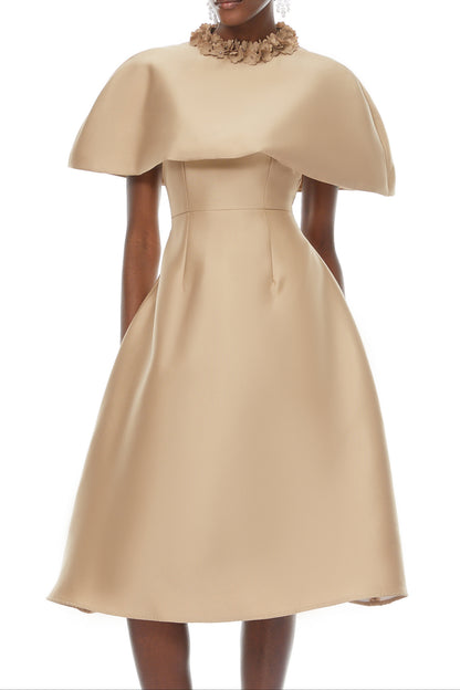 michelle Khaki Cape Satin Midi Dress