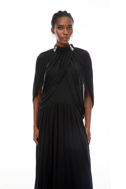 leona black Draped Cape Sleeve Knit Maxi Dress