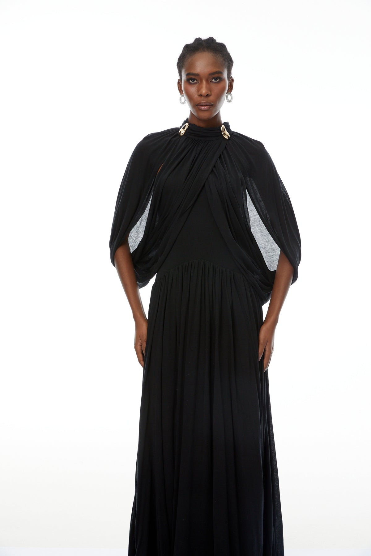 leona black Draped Cape Sleeve Knit Maxi Dress