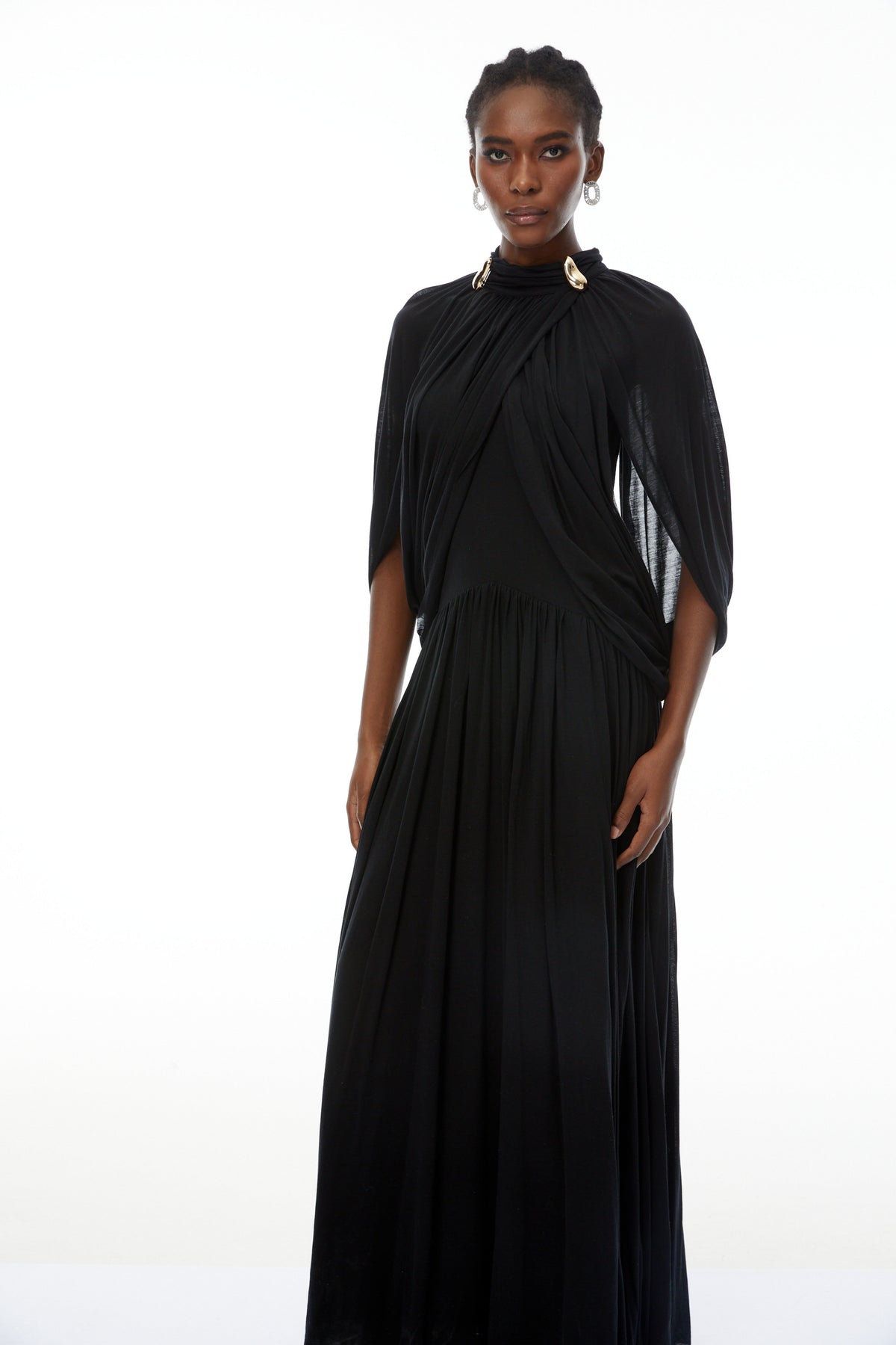 leona black Draped Cape Sleeve Knit Maxi Dress