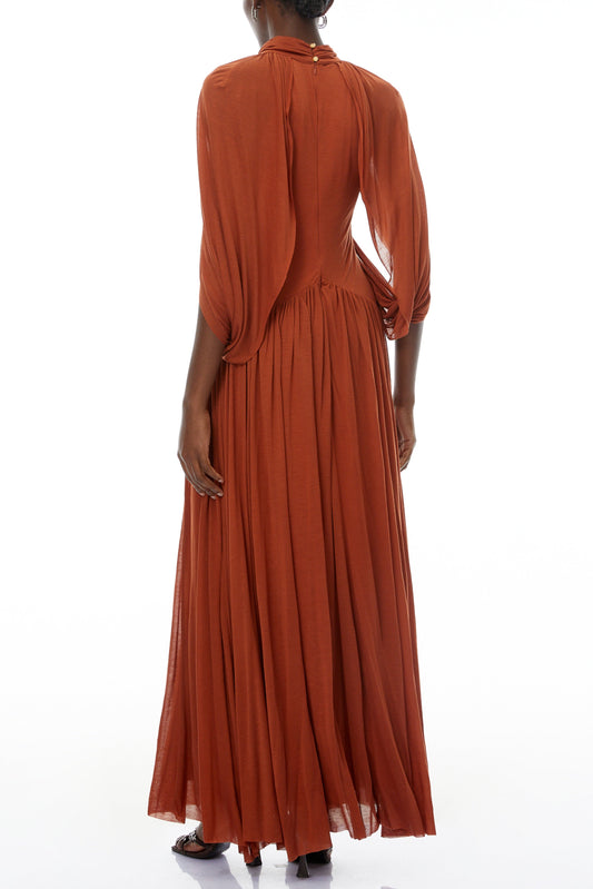 leona brown Draped Cape Sleeve Knit Maxi Dress