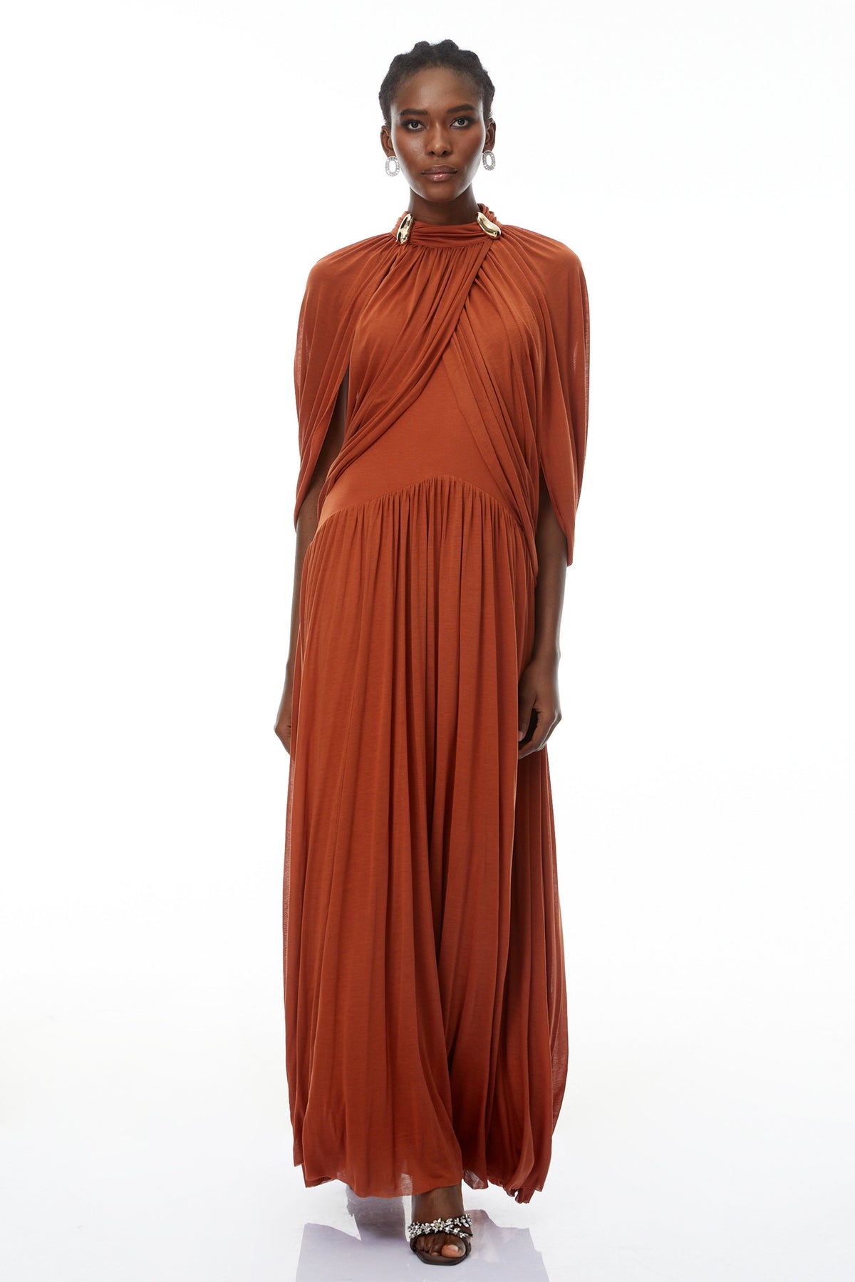 leona brown Draped Cape Sleeve Knit Maxi Dress
